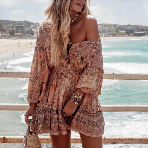 SOLD OUT Gypsy Boho Festival Floral Mini Long Sleeve Dress - Picture 2 of 8